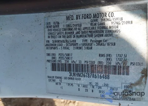 2007 Lincoln Mkz from USA, damaged, VIN 3LNHM26T87R616488